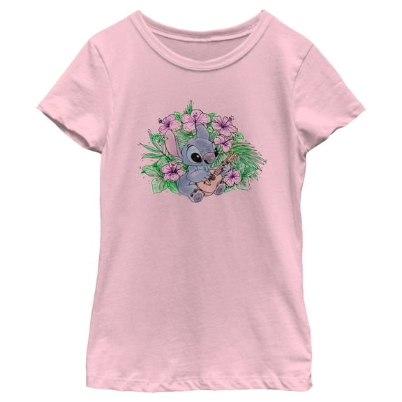 Girl's Lilo & Stitch Sketchy Ukulele  Graphic Tee Light Pink Medium