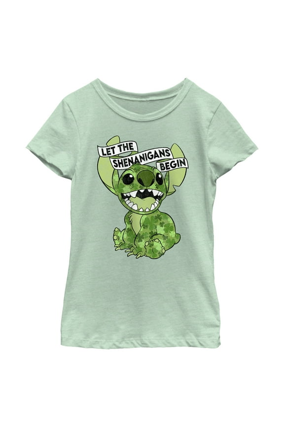 Girl's Lilo & Stitch St. Patrick's Day Stitch Let the Shenanigans Begin Graphic Tee Mint Large