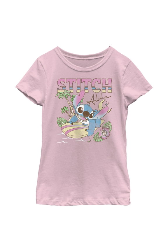 Girl's Lilo & Stitch Surfing Stitch Graphic Tee Light Pink Medium