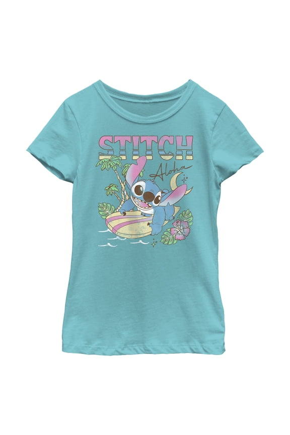 Girl's Lilo & Stitch Surfing Stitch Graphic Tee Tahiti Blue Large