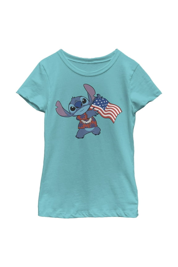 Girl's Lilo & Stitch Tropical American Flag Graphic Tee Tahiti Blue Large