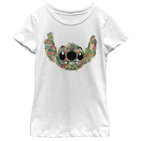 Girl's Lilo & Stitch Tropical Flower Big Face  Graphic Tee White Large