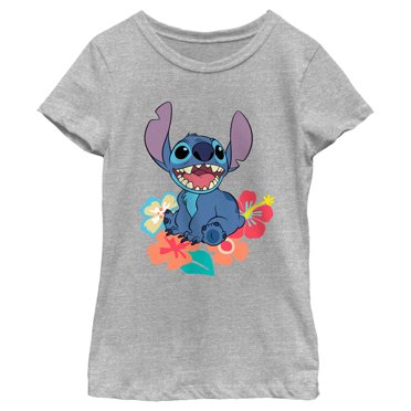 Girl's Lilo & Stitch Tropical Happy Stitch  Graphic Tee Athletic Heather Medium