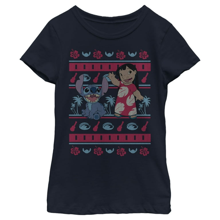 Girl s Lilo Stitch Tropical Ugly Sweater Graphic Tee Navy Blue Large Walmart
