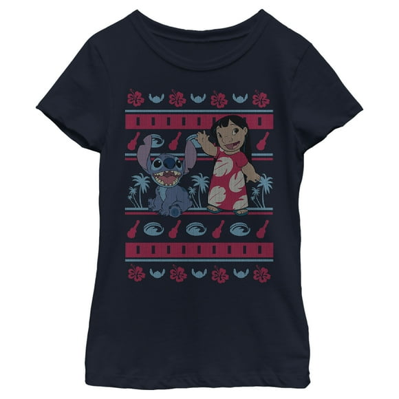 Girl's Lilo & Stitch Tropical Ugly Sweater  Graphic Tee Navy Blue Small