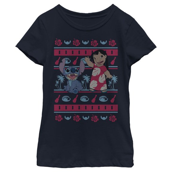 Girl's Lilo & Stitch Tropical Ugly Sweater Graphic Tee Navy Blue Small