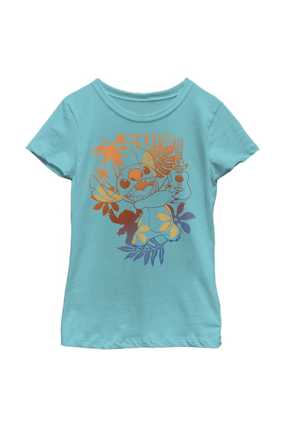 Girl's Lilo & Stitch Tropical Ukulele  Graphic Tee Tahiti Blue Large