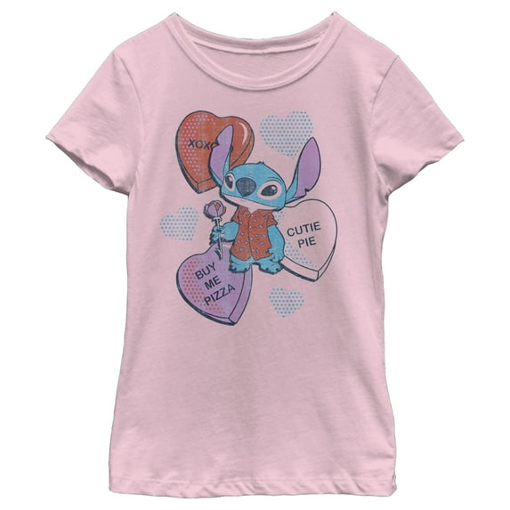 Girl's Lilo & Stitch Valentine's Day Candy Hearts Graphic Tee Light Pink Medium