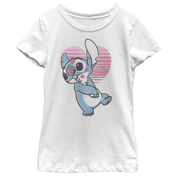 Girl's Lilo & Stitch Valentine's Day Kissy Face Graphic Tee White Large
