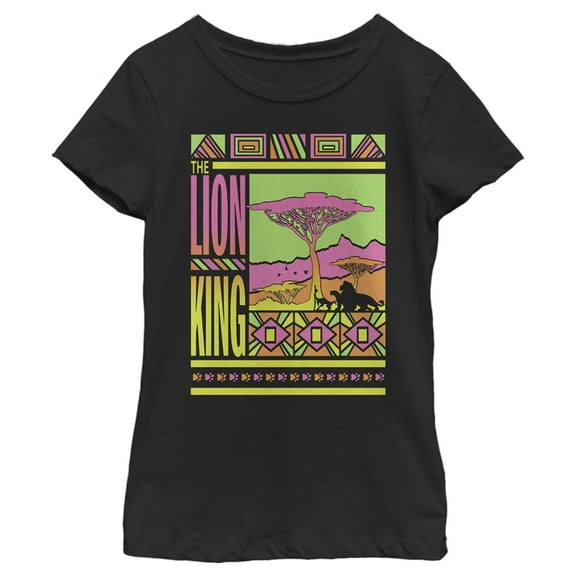 Girl's Lion King Retro Neon Savannah  Graphic Tee Black Small
