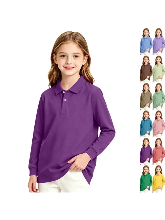 Girl's Long Sleeve Polo Shirt Stretch Pique Polo Shirts School Uniform Dark Purple,10-11 Years