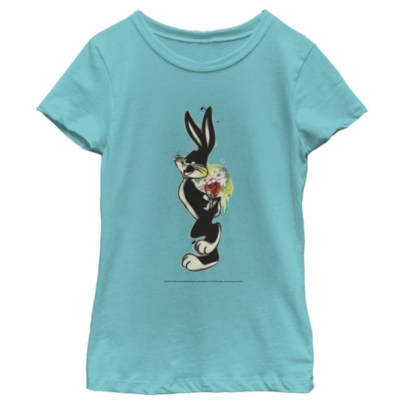 Girl's Looney Tunes Bugs Bunny Floral Spray Paint Portrait Graphic Tee Tahiti Blue Large