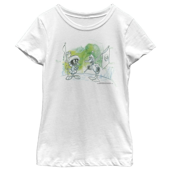Girl's Looney Tunes Marvin The Martian and Daffy Duck Watercolor  Graphic Tee White Medium