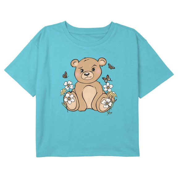 Girl's Lost Gods Adorable Teddy Flowers Graphic Cropped T-Shirt Blue X Small