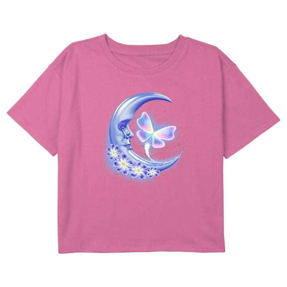Girl's Lost Gods Airbrushed Half Crescent Moon Butterfly Graphic Cropped T-Shirt Light Pink Medium