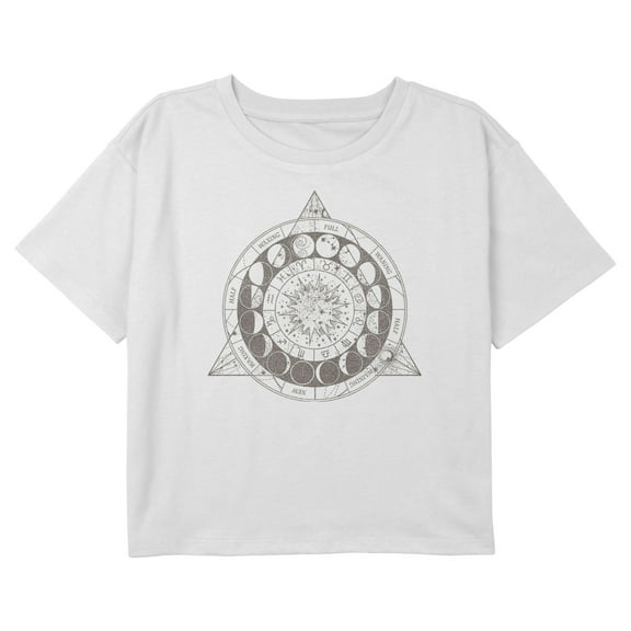 Girl's Lost Gods Astrology Moon Phases Wheel Graphic Cropped T-Shirt White X Large