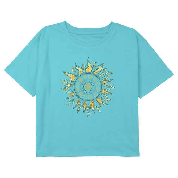 Girl's Lost Gods Astrology Sun Wheel Graphic Cropped T-Shirt Blue Medium
