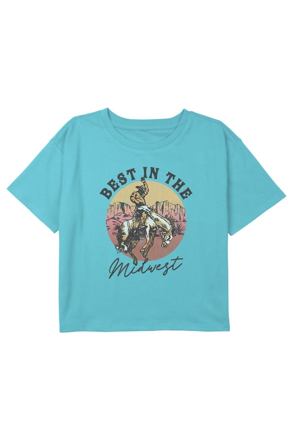Girl's Lost Gods Best in the Midwest Cowboy Graphic Cropped T-Shirt Blue X Small