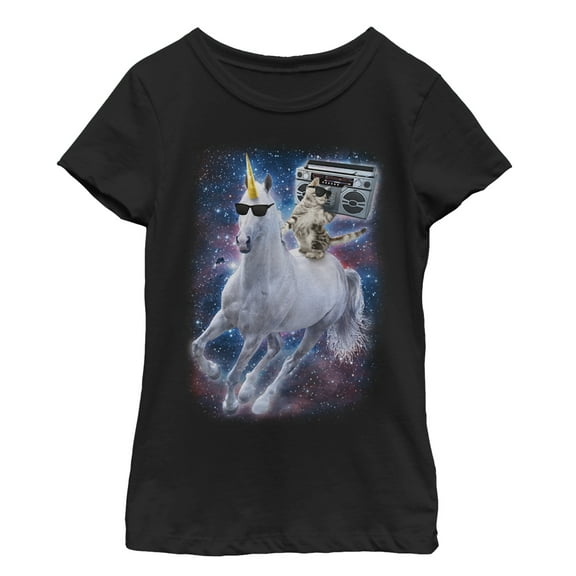 Girl's Lost Gods Boombox Cat and Unicorn Space Song  Graphic Tee Black Small