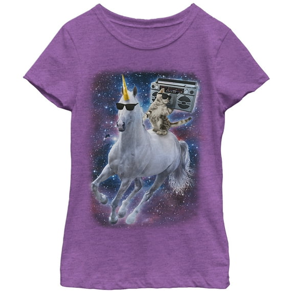 Girl's Lost Gods Boombox Cat and Unicorn Space Song Graphic Tee Purple Berry Large