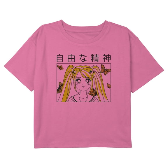 Girl's Lost Gods Butterfly Anime School Girl Graphic Cropped T-Shirt Light Pink X Large