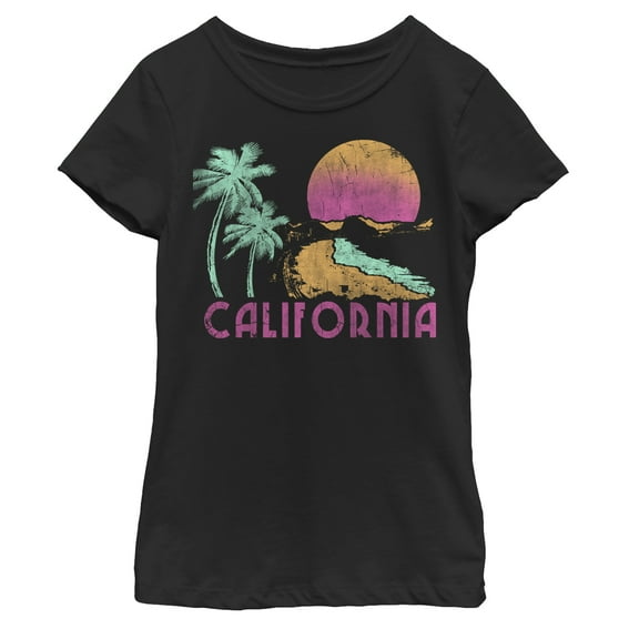 Girl's Lost Gods California Ocean Sunset  Graphic Tee Black Medium