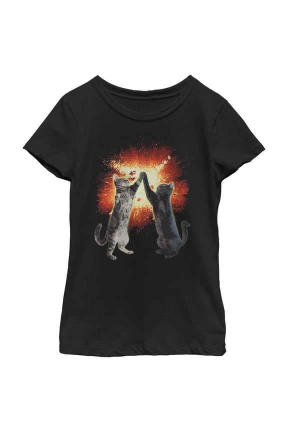 Girl's Lost Gods Cat High Five Explosion Graphic Tee Black Medium
