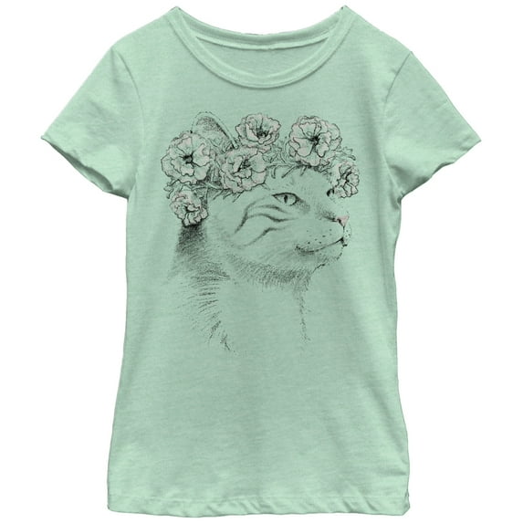 Girl's Lost Gods Cat in Flower Headband Graphic Tee Mint Medium