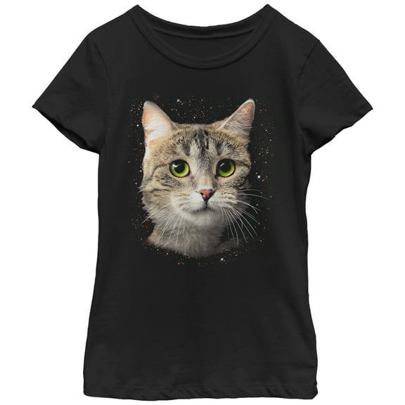Girl's Lost Gods Cat in Space  Graphic Tee Black Medium