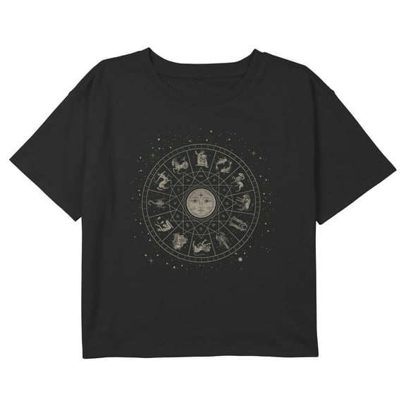 Girl's Lost Gods Celestial Astrological Wheel Graphic Cropped T-Shirt Black Medium