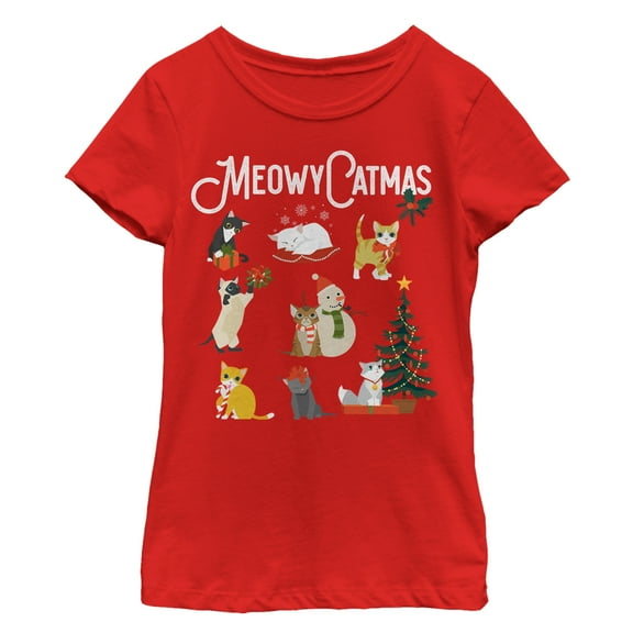 Girl's Lost Gods Christmas Cat Collage  Graphic Tee Red X Small