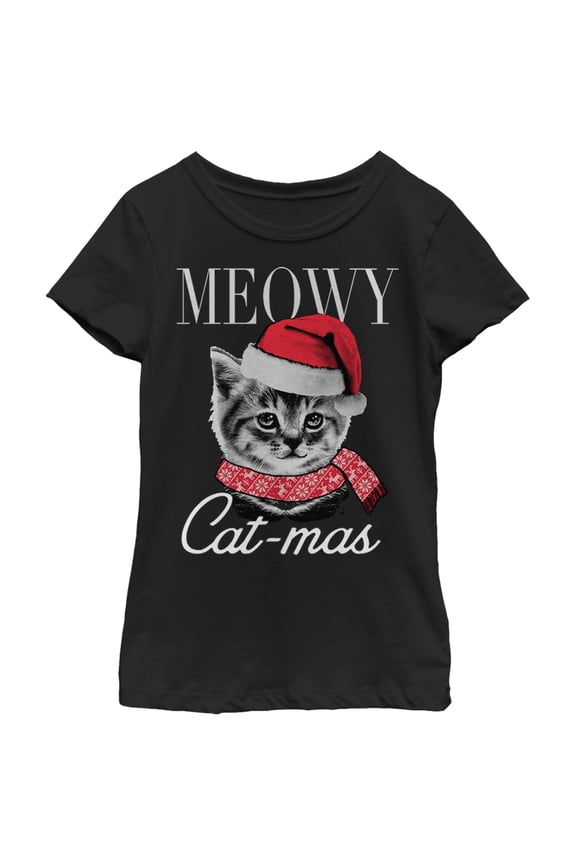 Girl's Lost Gods Christmas Cat Meowy Catmas Graphic Tee Black Medium