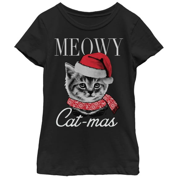 Girl's Lost Gods Christmas Cat Meowy Catmas  Graphic Tee Black X Small