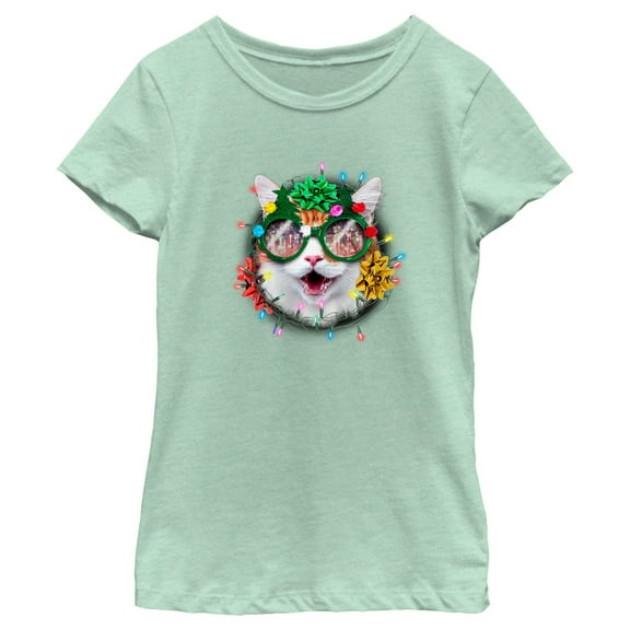Girl's Lost Gods Christmas Cat Wreath Graphic Tee Mint Small