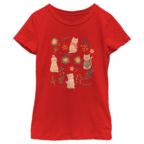 Girl's Lost Gods Christmas Floral Cats Graphic Tee Red Small