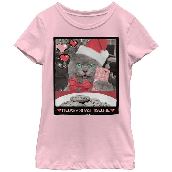 Girl's Lost Gods Christmas Kitten Cookie Selfie  Graphic Tee Light Pink Medium