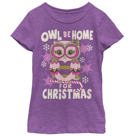 Girl's Lost Gods Christmas Owl Be Home  Graphic Tee Purple Berry Small