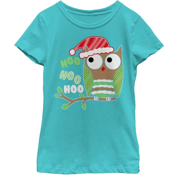 Girl's Lost Gods Christmas Owl Hoo  Graphic Tee Tahiti Blue Large