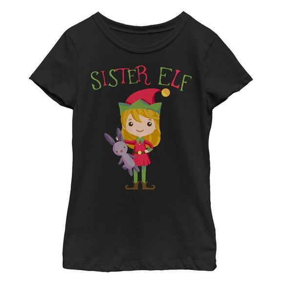 Girl's Lost Gods Christmas Sister Elf  Graphic Tee Black X Large
