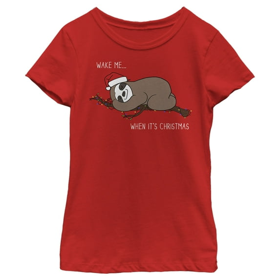 Girl's Lost Gods Christmas Wake Me Sloth Graphic Tee Red Medium