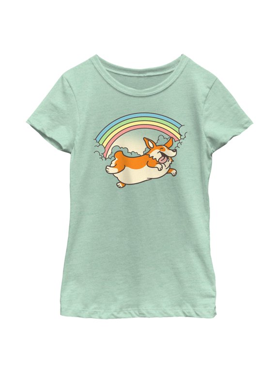 Girl's Lost Gods Cloudy Rainbow Corgi Graphic T-Shirt