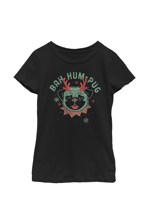 Girl's Lost Gods Distressed Bah Hum-Pug Graphic Tee Black Large