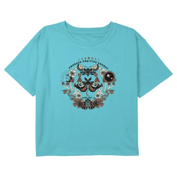 Girl's Lost Gods Embrace Positive Energy Moths Graphic Cropped T-Shirt Blue X Small