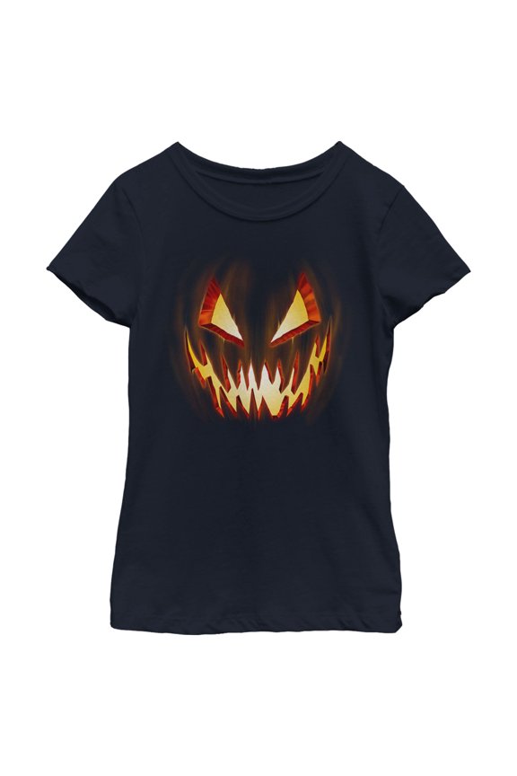 Girl's Lost Gods Evil Pumpkin Face Graphic Tee Navy Blue Small