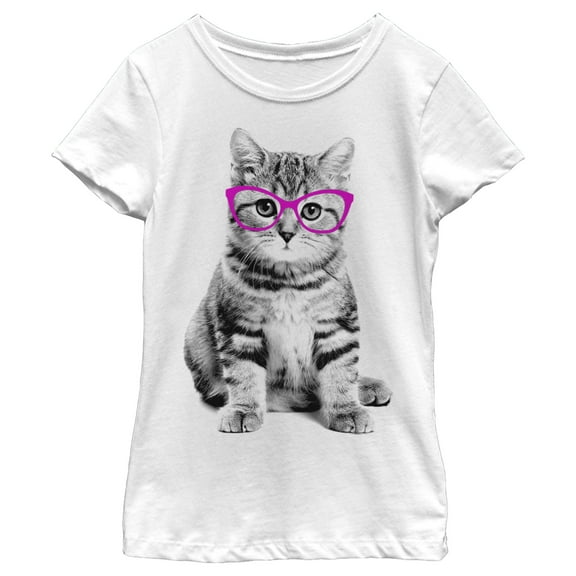Girl's Lost Gods Fluffy Kitten in Pink Glasses  Graphic Tee White Small