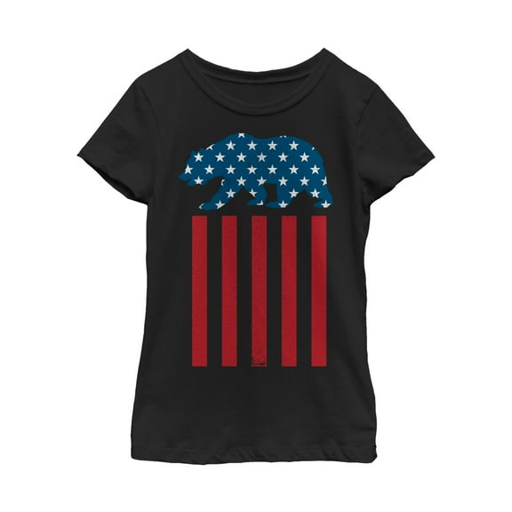 Girl's Lost Gods Fourth of July  Bear American Flag  Graphic Tee Black Medium