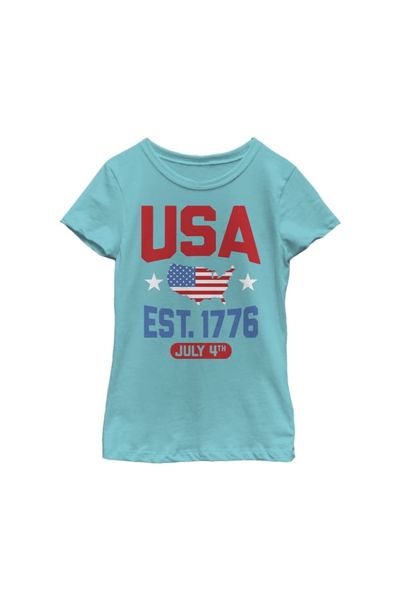 Girl's Lost Gods Fourth of July  USA Est. 1776  Graphic Tee Tahiti Blue X Small