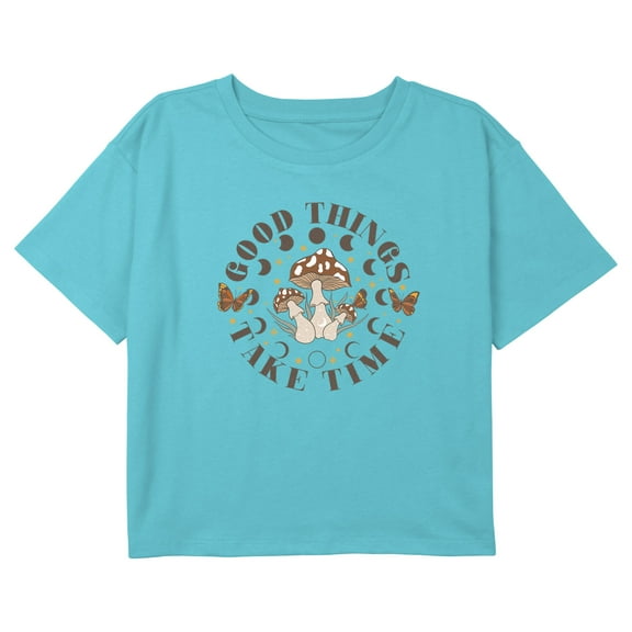 Girl's Lost Gods Good Things Take Time Mushrooms Graphic Cropped T-Shirt Blue Large