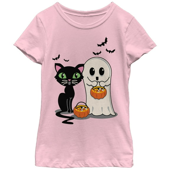 Girl's Lost Gods Halloween Cat and Ghost Trick or Treat  Graphic Tee Light Pink Medium