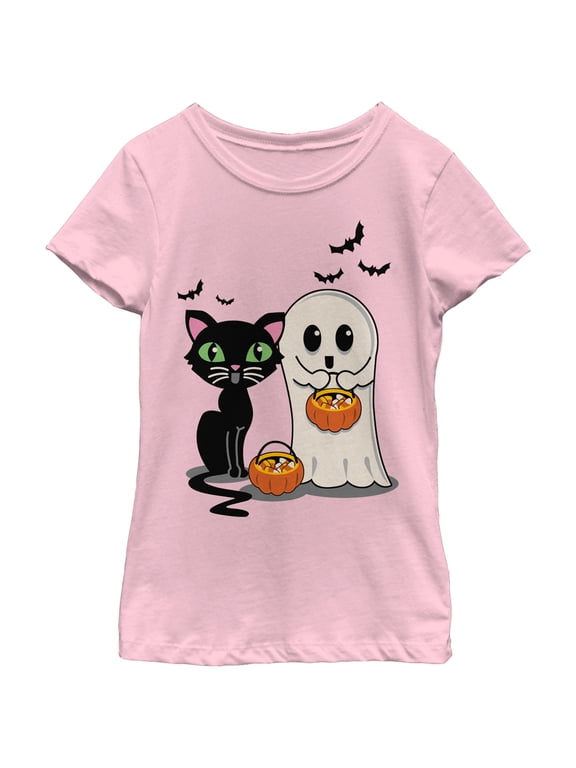 Girl's Lost Gods Halloween Cat and Ghost Trick or Treat Graphic Tee Light Pink Small